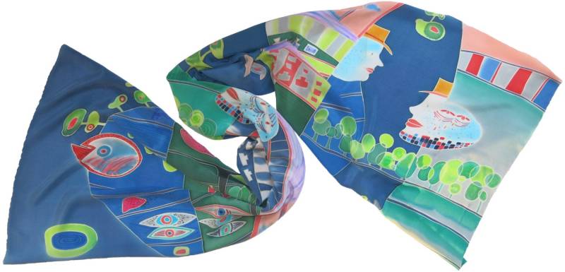 Handbemalter Seidenschal - Hundertwasser Atlantis Motiv, Blauer Mond von SilkMood