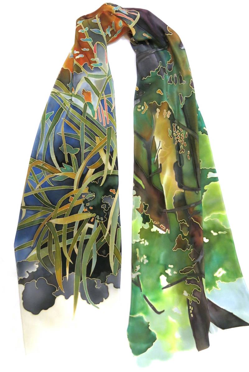 Handbemalter Seidenschal, Monet Seerosenteich, Blaugrüner Schal von SilkMood