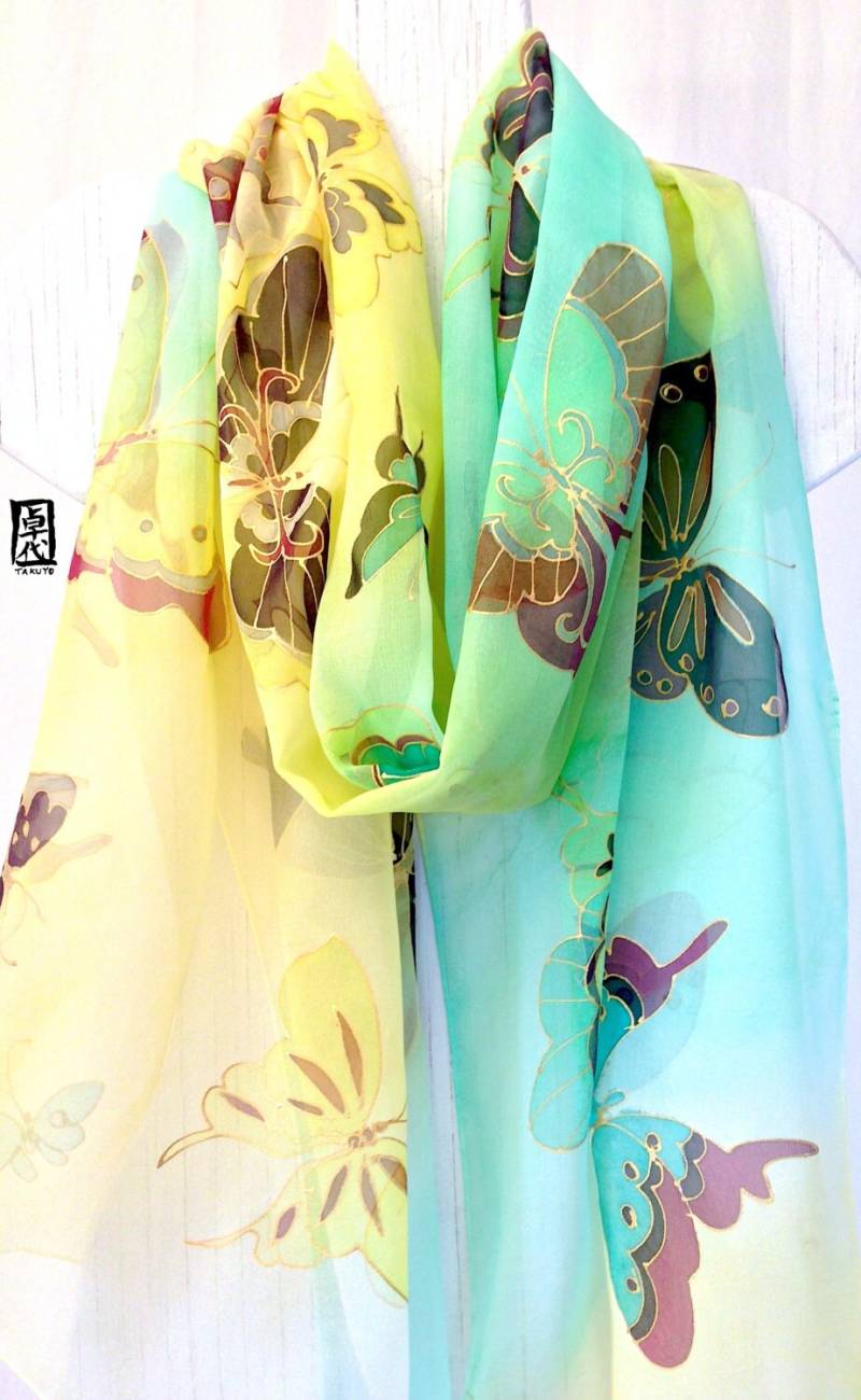 Seide Schal Von Hand Bemalt, Bemalt Schal, Japan Kunst, Malerei, Schmetterling Ombre Kimono Mint Und Gelb Seide Schal Von Hand Bemalt, Bemalt Schal, Japan Kunst, Malerei, Schmetterling Ombre Kimono Mint Und Gelb von SilkScarvesTakuyo