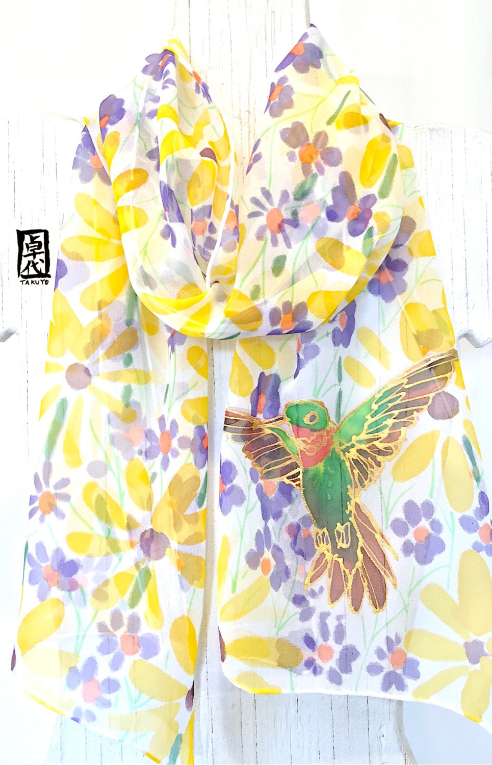 Seidenschal Frauen, Vogelschal, Handbemalter Seidenschal, Gelber Schal, Goldkolibri Und Echinacea, Auf Lager Seidenschal Frauen, Vogelschal, Handbemalter Seidenschal, Gelber Schal, Goldkolibri Und Echinacea, Auf Lager von SilkScarvesTakuyo