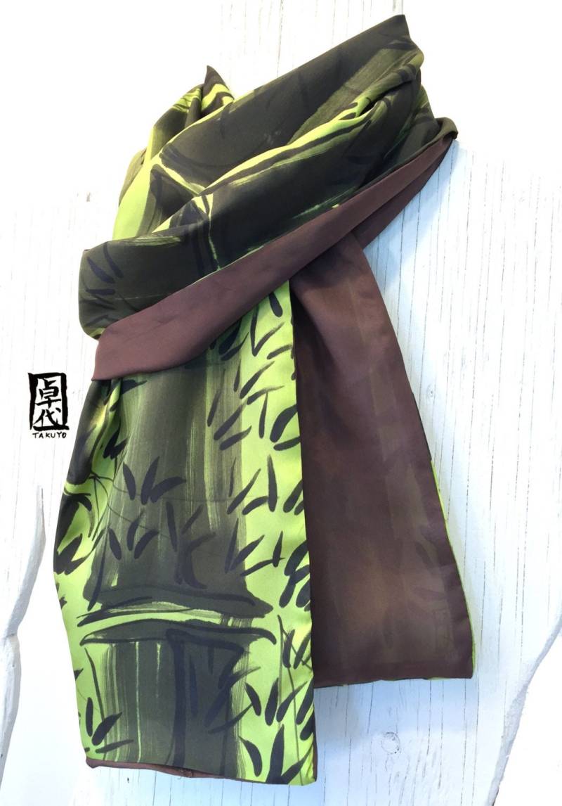 Seidenschal Männer, Männer Geschenk, Geschenk Für Wendeschal, Zen Bambus Schal, Braun Und Chartreuse Grün, Seidenschals Takuyo, 35x18cm von SilkScarvesTakuyo
