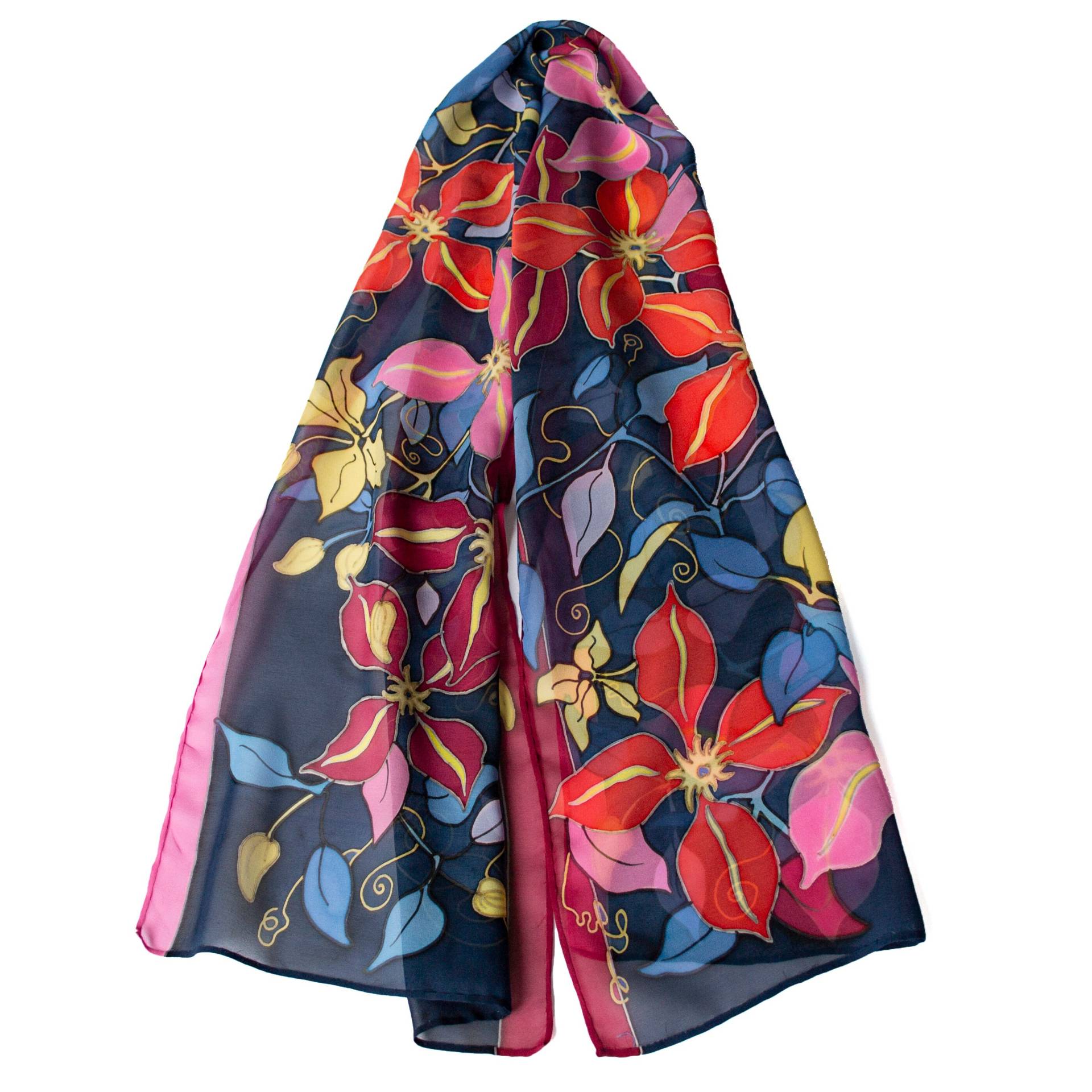 Handbemalter Blauer Seidenschal Mit Floralem Design, 55 X 14 Zoll Handbemalter Blauer Seidenschal Mit Floralem Design, 55 X 14 Zoll von SilkShineStudio