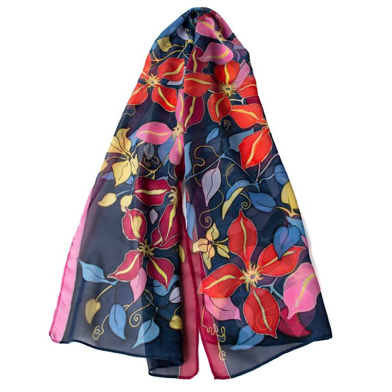 Handbemalter Blauer Seidenschal Mit Floralem Design, 55 X 14 Zoll Handbemalter Blauer Seidenschal Mit Floralem Design, 55 X 14 Zoll von SilkShineStudio