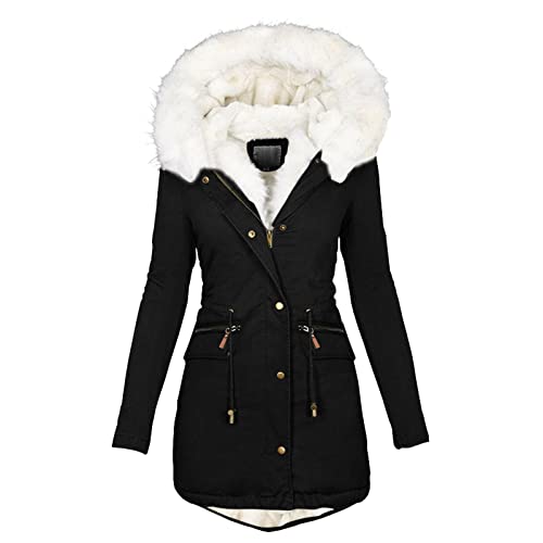 SilkTem Winterjacke Damen Schwarz Mit Fell | Weiß Teddyfell Gefütterte Winterparka Tunika Fleecejacke Elegant Schmale Outdoor-Plüschjacke Lässig Dicker Steppmantel mit Pelzkragen(Schwarz,3XL) von SilkTem