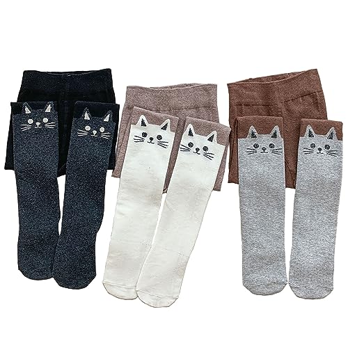 Silkglory 3 Stück Baby Mädchen Strumpfhosen,Strumpfhosen für Mädchen mit Süßer Katze Verzierung, Leggings Strümpfe Strumpfhosen für Neugeborene Kleinkinder Grau/Schwarz/Weiß 5–7 Jahre von Silkglory