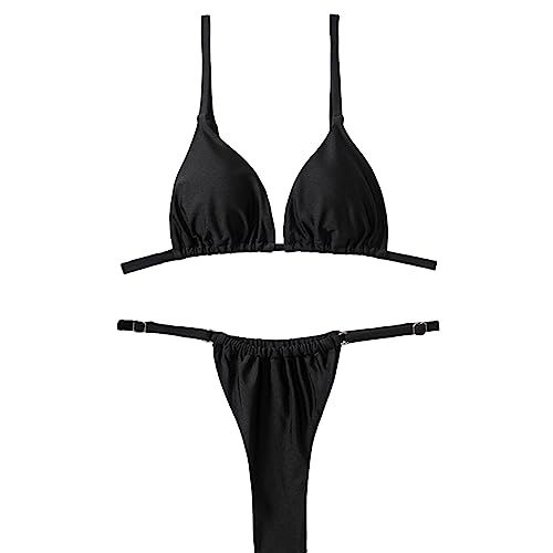 Silkglory Bikini Damen,Triangle Bikini Damen Zweiteiliger Curvy Badeanzug Damen Mit V-Ausschnitt,Tanga Bikini Sexy String Bikini Bademode, Glitzer Modisches Schwarz Bikini Set–M von Silkglory