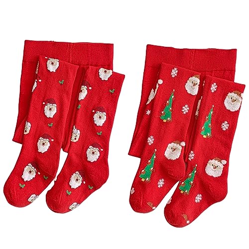 Silkglory Christmas Strumpfhose Mädchen,Strumpfhose Baby mit Weihnachtsmann und Weihnachtsbaumschmuck Leggings Strümpfe Baumwollstrumpfhosen für Neugeborene Kleinkinder Rot 2–3 Jahre 2Pack von Silkglory