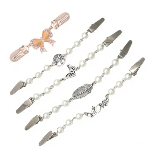 5 Stück Cardigan Clips Silber - Perlen Brosche Ausschnitt Verkleinern - Schmetterling Broschen für Kleidung - Cinch Clip für Schal, Strickjacke, Umhang, Kragen Verschluss für Blusen, Kleider, Jacke von Silkwish