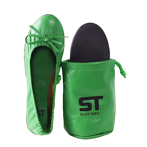 Damen Faltbare Reise Ballett Slip On Bequeme flache Rollschuhe Wanderschuhe mit Tragetasche, Grün , X-Large von Silky Toes