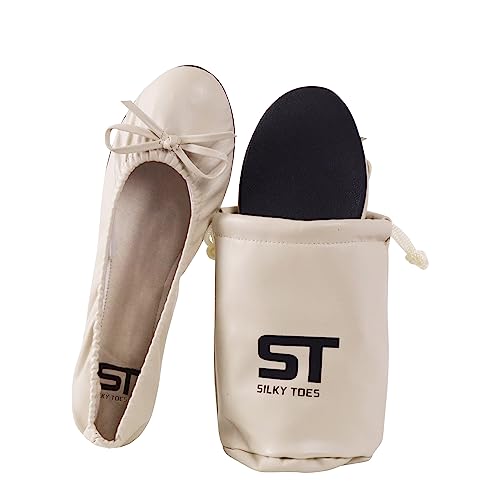 Damen Faltbare Reise Ballett Slip On Bequeme flache Rollschuhe Wanderschuhe mit Tragetasche, Hautfarben, Small von Silky Toes