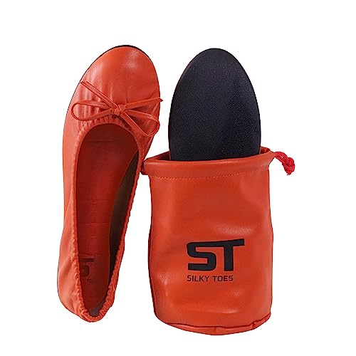 Damen Faltbare Reise Ballett Slip On Bequeme flache Rollschuhe Wanderschuhe mit Tragetasche, Orange/Abendrot im Zickzackmuster (Sunset Chevron), Small von Silky Toes