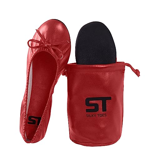 Damen Faltbare Reise Ballett Slip On Bequeme flache Rollschuhe Wanderschuhe mit Tragetasche, Rot/Ausflug, einfarbig (Getaway Solids), XX-Large von Silky Toes