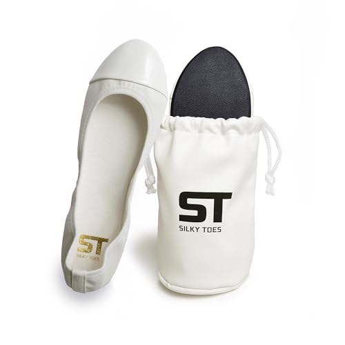 Damen Faltbare Reise Ballett Slip On Bequeme flache Rollschuhe Wanderschuhe mit Tragetasche, Weiß – Lackspitze, X-Large von Silky Toes