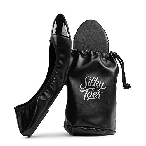 Faltbare Reise-Ballett-Slip-On bequeme flache Schuhe zum Aufrollen mit Tragetasche, Schwarz - Lackspitze, XX-Large Faltbare Reise-Ballett-Slip-On bequeme flache Schuhe zum Aufrollen mit Tragetasche, Schwarz - Lackspitze, XX-Large von Silky Toes