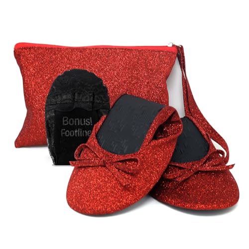 Silky Toes Damen Glitzer Faltbare Ballett Flache Roll Up Slipper Schuhe, Rot glitzernd, Large Wide von Silky Toes