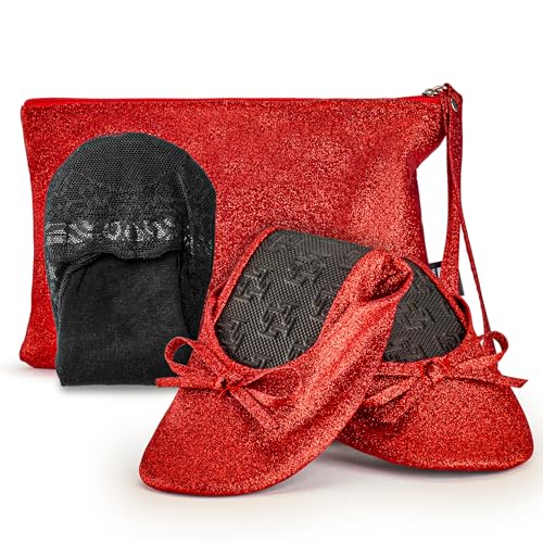 Silky Toes Damen Glitzer Faltbare Ballett Flache Roll Up Slipper Schuhe, Rot glitzernd, Small Narrow von Silky Toes