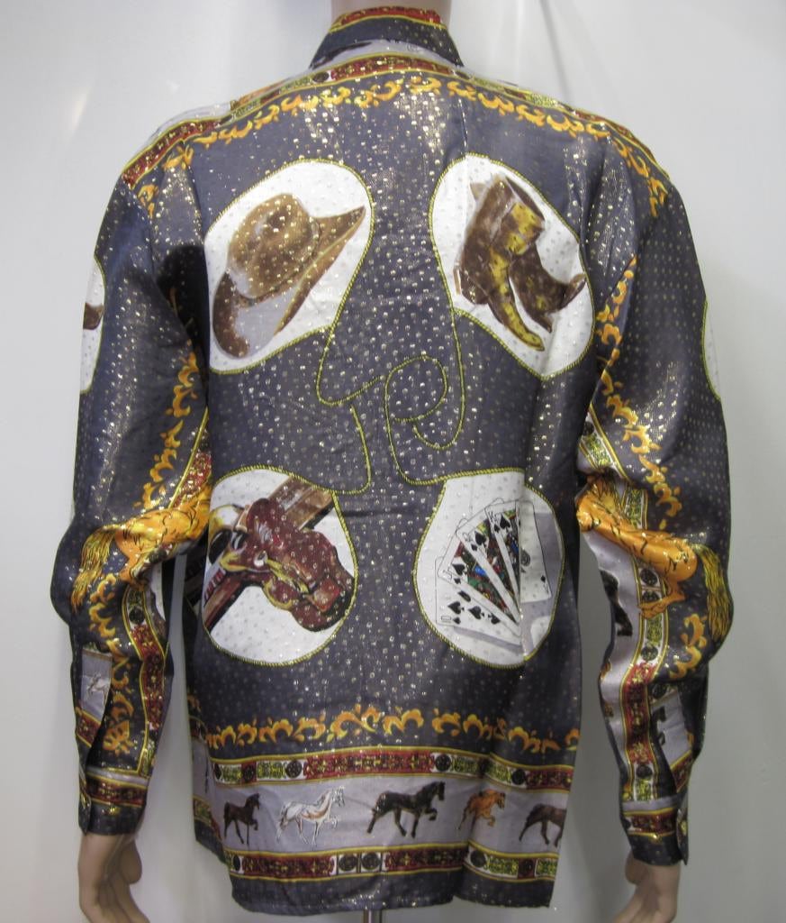 Vintage 1990Er Seidenhemd Grüne Cowboys Und Pferde, Kleid Im Barockstil, Kasino Viva Las Vegas, Größe S, M, L von SilkyFashionShirts
