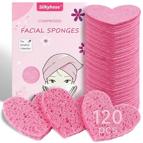 Silkyhose Damen 120 Stück komprimierte Zellulose Herzform Gesicht Gesichtsschwämme 100% natürliche Kosmetikschwämme für Gesichtsreinigung Peeling Maske Hautmassage (Rosa) 120 Stück von Silkyhose