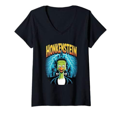 Damen Honkenstein Gans Halloween T-Shirt mit V-Ausschnitt Damen Honkenstein Gans Halloween T-Shirt mit V-Ausschnitt von Sillier Goose Designs
