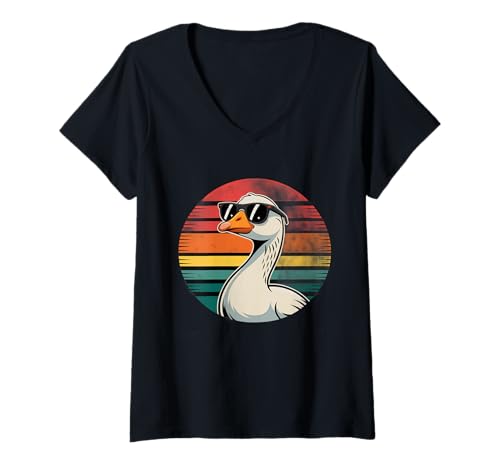 Damen Lustige Ente Brille Retro Ente Lustige Ente mit Brille Meme T-Shirt mit V-Ausschnitt Damen Lustige Ente Brille Retro Ente Lustige Ente mit Brille Meme T-Shirt mit V-Ausschnitt von Silly Duck Funny Duck With Glasses Cool Duck Shirt