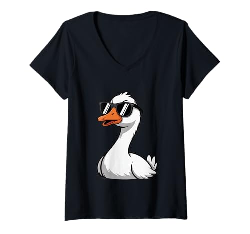 Damen Lustige Ente Brille Retro Ente Lustige Ente mit Brille Meme T-Shirt mit V-Ausschnitt Damen Lustige Ente Brille Retro Ente Lustige Ente mit Brille Meme T-Shirt mit V-Ausschnitt von Silly Duck Funny Duck With Glasses Cool Duck Shirt