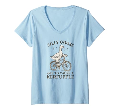 Damen Silly Goose Off to Cause a Kerfuffle Lustige Grafik T-Shirt mit V-Ausschnitt Damen Silly Goose Off to Cause a Kerfuffle Lustige Grafik T-Shirt mit V-Ausschnitt von Silly Goose Club Apparel