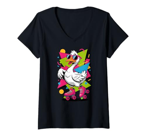 Damen Silly Goose Retro Rollschuhe Skating Funny Goose Meme T-Shirt mit V-Ausschnitt Damen Silly Goose Retro Rollschuhe Skating Funny Goose Meme T-Shirt mit V-Ausschnitt von Silly Goose Club Apparel