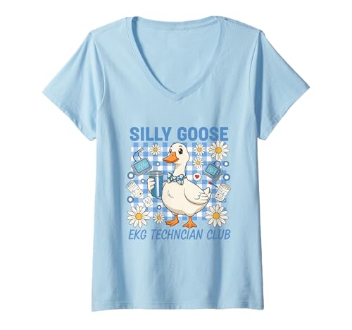 Damen Lustiger EKG Tech Silly Goose Heart Monitor Krankenschwester Medizinischer Humor T-Shirt mit V-Ausschnitt von Silly Goose Club Healthcare Professions T-Shirt