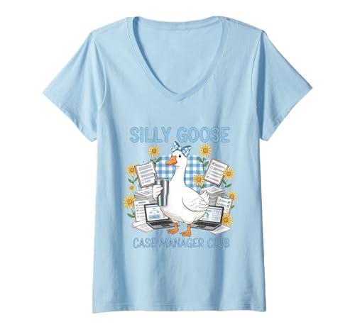 Damen Silly Goose Case Manager Club, niedliche Gans mit Schleife T-Shirt mit V-Ausschnitt von Silly Goose Club Healthcare Professions T-Shirt