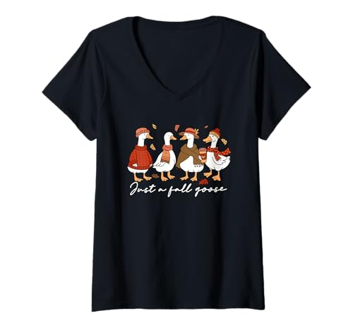 Damen Just a Fall Goose Cute Gänse in Herbst Outfits Grafik T-Shirt mit V-Ausschnitt Damen Just a Fall Goose Cute Gänse in Herbst Outfits Grafik T-Shirt mit V-Ausschnitt von Silly Goose Designs