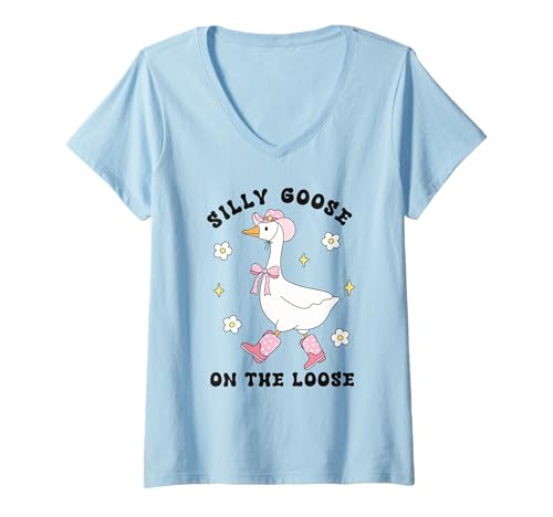 Damen Lustige, alberne Gans auf dem lockeren, niedlichen Cowboyhut & Stiefeln Humor T-Shirt mit V-Ausschnitt von Silly Goose Funny Cute Trendy Kawaii Graphic Tees