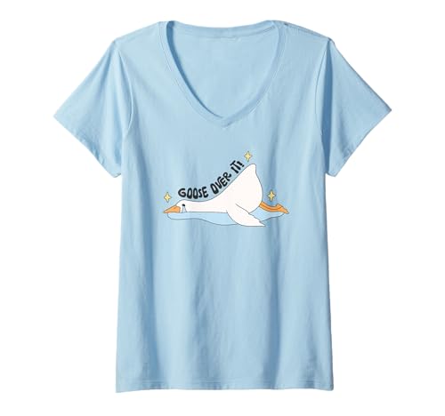 Damen Lustiges Lazy Goose Over It Shirt Cute Crying Bird Humor Animal T-Shirt mit V-Ausschnitt von Silly Goose Funny Cute Trendy Kawaii Graphic Tees