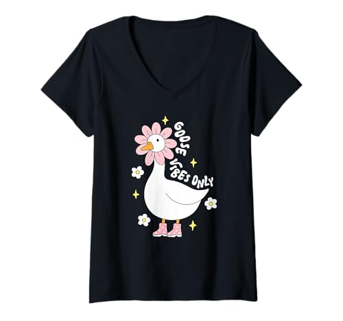 Damen Niedliche Gänseblütenkopf-Stiefel, lustige Gans-Vibes Only-Tier T-Shirt mit V-Ausschnitt von Silly Goose Funny Cute Trendy Kawaii Graphic Tees