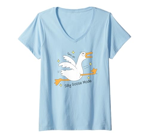 Damen Schalten Sie den albernen Gänsemodus EIN, lustige laufende Ente, Cartoon-Humor T-Shirt mit V-Ausschnitt von Silly Goose Funny Cute Trendy Kawaii Graphic Tees