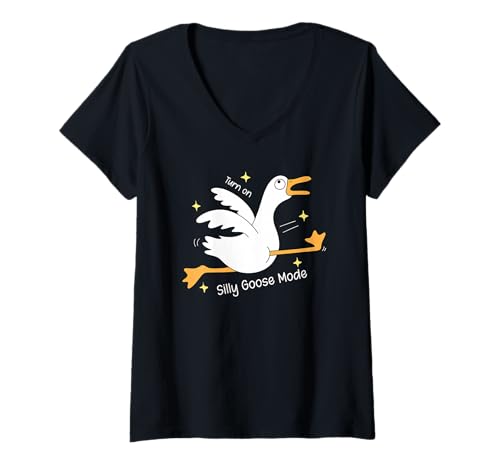 Damen Schalten Sie den albernen Gänsemodus EIN, lustige laufende Ente, Cartoon-Humor T-Shirt mit V-Ausschnitt von Silly Goose Funny Cute Trendy Kawaii Graphic Tees