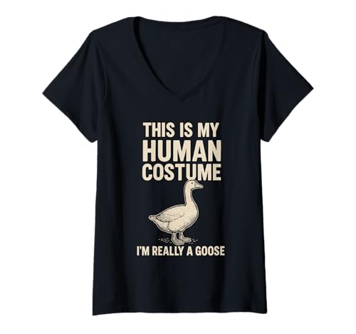 Damen I'm Really a Goose Funny Human Costume Graphic T-Shirt mit V-Ausschnitt Damen I'm Really a Goose Funny Human Costume Graphic T-Shirt mit V-Ausschnitt von Silly Goose Halloween Apparel Co