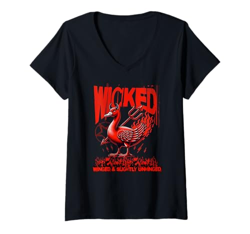 Damen Lustiges Halloween mit bösen Flügeln und leicht verdrehter Teufelsgans T-Shirt mit V-Ausschnitt von Silly Goose Halloween Barnyard Energy
