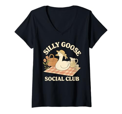 Damen Silly Goose Social Club Picknick Party Humor Design T-Shirt mit V-Ausschnitt Damen Silly Goose Social Club Picknick Party Humor Design T-Shirt mit V-Ausschnitt von Silly Goose Social Club Picnic Party Humor Art