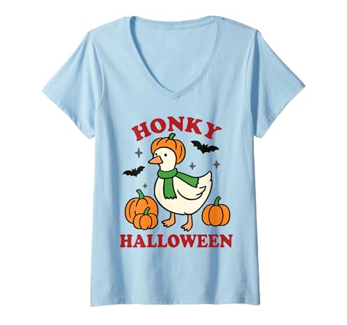 Damen Lustige Alberne Gans Halloween Kürbis Fledermäuse Retro T-Shirt mit V-Ausschnitt von Silly Goose Spooky Halloween Design Club