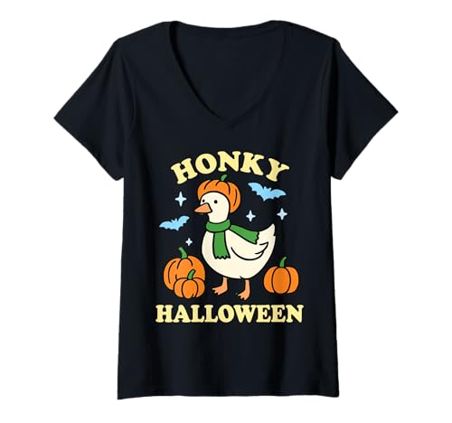 Damen Lustige Alberne Gans Halloween Kürbis Fledermäuse Retro T-Shirt mit V-Ausschnitt Damen Lustige Alberne Gans Halloween Kürbis Fledermäuse Retro T-Shirt mit V-Ausschnitt von Silly Goose Spooky Halloween Design Club