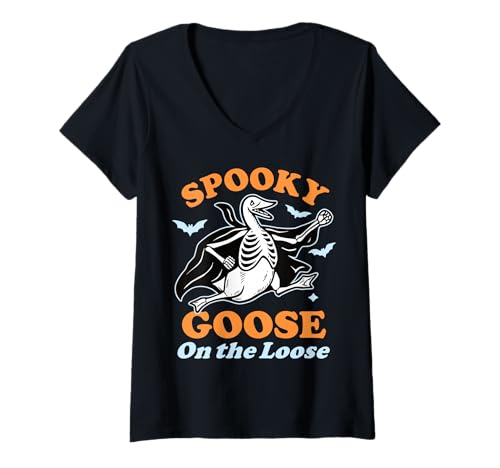Damen Lustige Gruselige Gans Albernes Halloween-Skelettgans T-Shirt mit V-Ausschnitt von Silly Goose Spooky Halloween Design Club