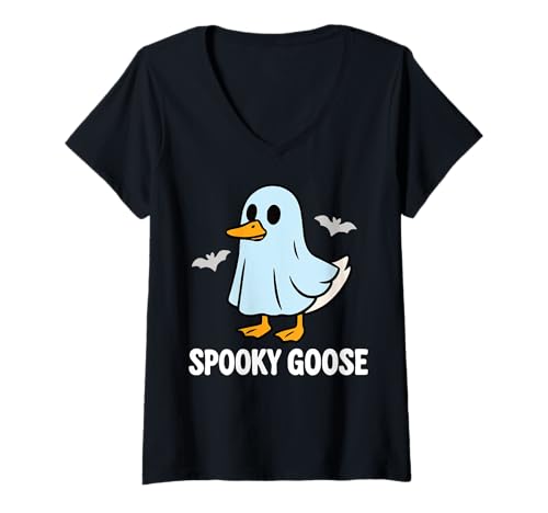 Damen Lustige gruselige Gans Alberne Geistergans Halloween T-Shirt mit V-Ausschnitt von Silly Goose Spooky Halloween Design Club