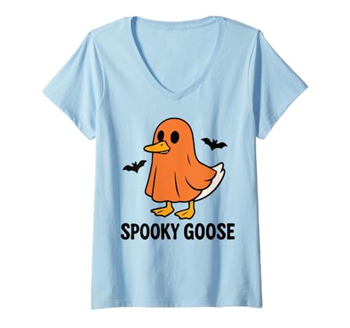 Damen Lustige gruselige Gans Alberne Geistergans Halloween T-Shirt mit V-Ausschnitt von Silly Goose Spooky Halloween Design Club