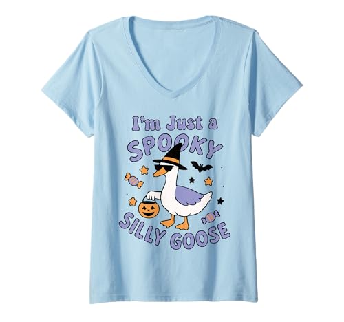 Damen Lustige gruselige Gans Hexenhut Albern Gans Halloween T-Shirt mit V-Ausschnitt Damen Lustige gruselige Gans Hexenhut Albern Gans Halloween T-Shirt mit V-Ausschnitt von Silly Goose Spooky Halloween Design Club
