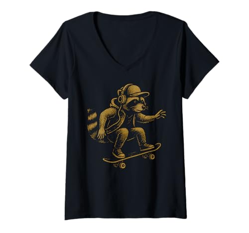 Damen Racoon Skateboardin Digital Kunstdruck Skateboard Waschbär T-Shirt mit V-Ausschnitt Damen Racoon Skateboardin Digital Kunstdruck Skateboard Waschbär T-Shirt mit V-Ausschnitt von Silly skateboarding Racoon Funny Animal Apparel