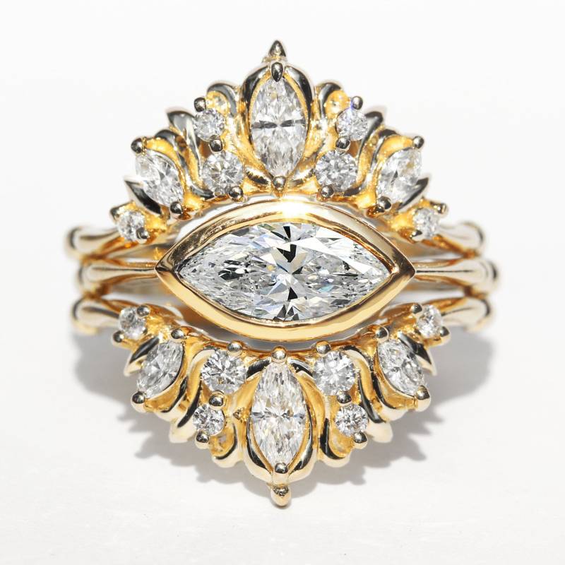 Marquise Lab Diamant Ring Set | Ost-West-Lünette Einstellung 3 Ringe Statement Braut Art Deco Vintage Inspiriert 14K Gold Schmuck von SillyShinyDiamonds