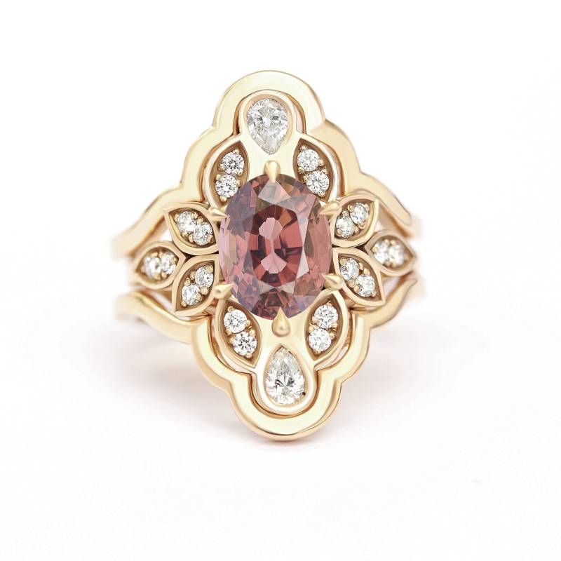 Oval Roter Spinell Und Diamant Blumen Verlobungsring Set, Optional Ring Guard, 14K Oder 18K Solid Gold Größe 4-11 Frauen Luxus Schmuck Lily # 4 von SillyShinyDiamonds