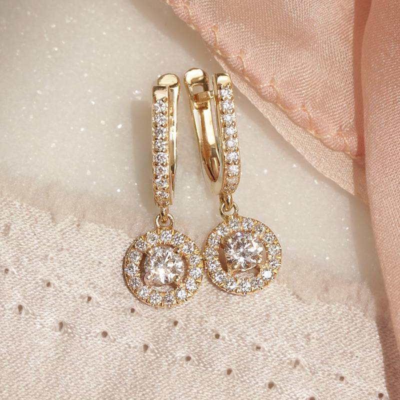 Diamond Drops Baumeln Ohrringe, Runder Diamant Halo Schöne Wunderliche Luxuriöse 14K Gold, Geschenk Für Sie, Jahrestag Basic von SillyShinyGemstones