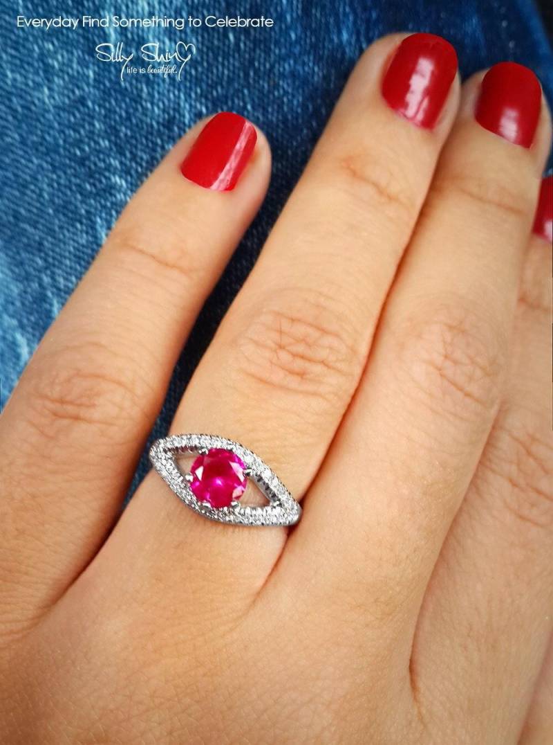 Evil Eye Diamant Ring. 1 Karat Pink Turmalin 0.3 Rvs Diamant, 14K Weissgold, Ringgrösse 5.75 von SillyShinyGemstones