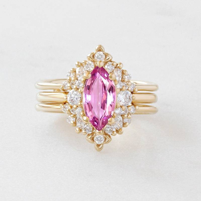 Marquise Pink Saphir Diamanten Modern Edelstein Verlobungsring Isabella, Stapel Passender Diamant Ring Schutz Orchidee, 18K Massivgold von SillyShinyGemstones